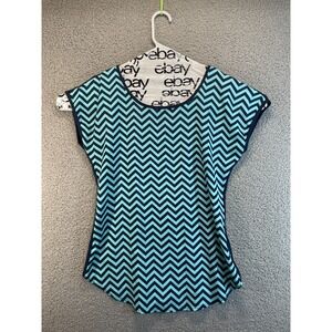 Vintage 90s Espresso Chevron Mixed Textile Top Womens S Blue and Teal Cap Sleeve